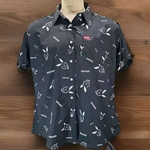 Dixxon The Gent Mens XXL Black Logo All‎ Over Print Button Up Shirt Short Sleeve